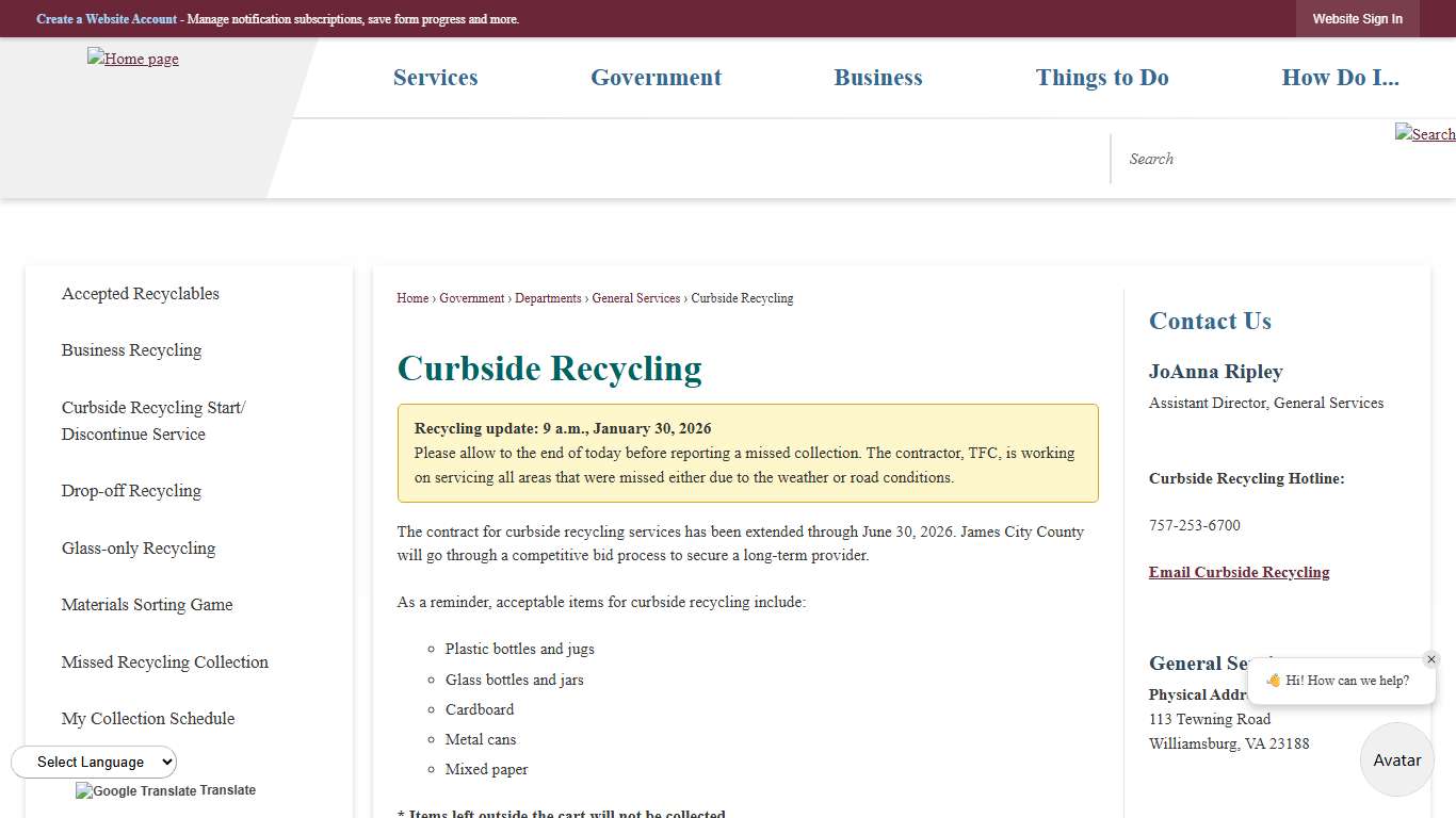 Curbside Recycling James City County, VA