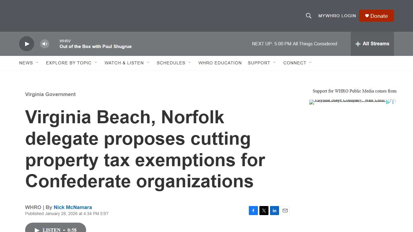 Virginia Beach, Norfolk delegate proposes cutting property tax exemptions for Confederate organizations