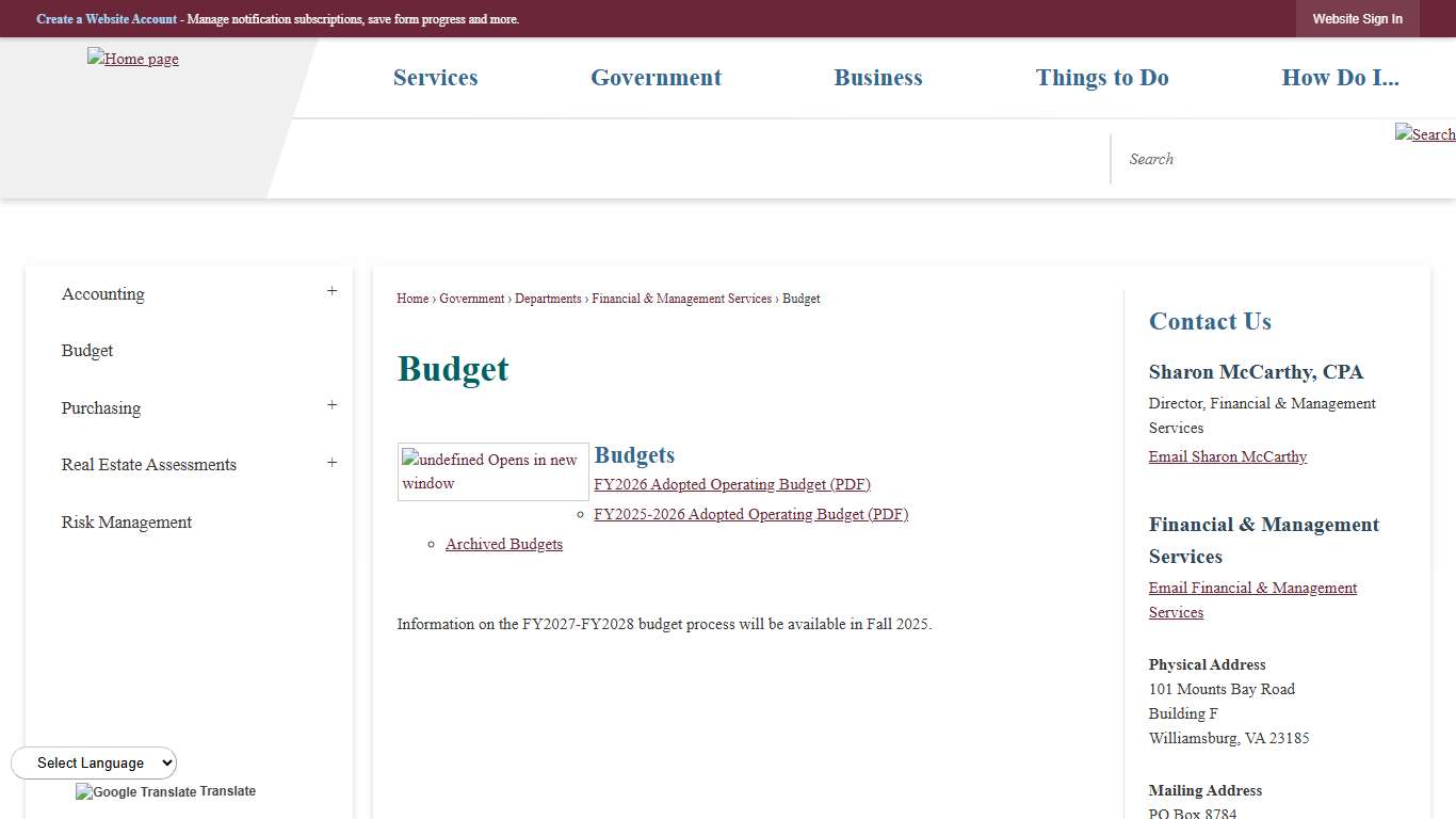 Budget James City County, VA